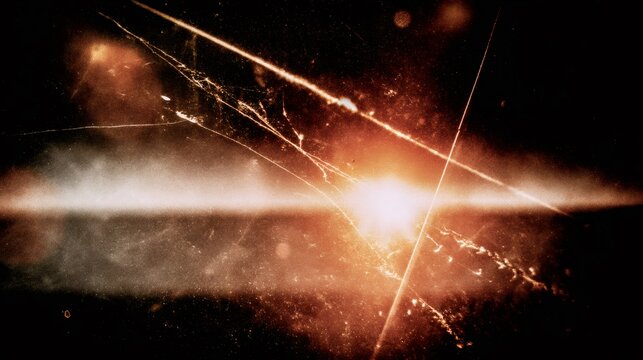 Abstract background showing bright orange lens flare impacting a dark grunge backdrop with scratches, dust, and light streaks