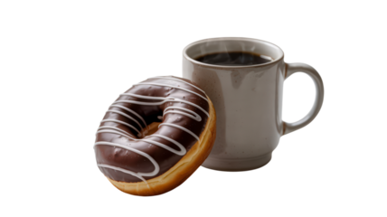 Chocolate Donut Glazed with White Stripes Beside Mug of Coffee on Transparent Background Ideal for Bakery Cafe Dessert and Breakfast Themed Design Projects
