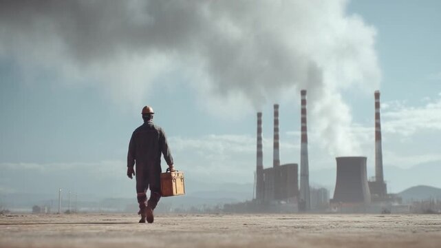 Strong handsome male worker walking towards the camera, carrying a toolbox, factory smoke stacks in background.
