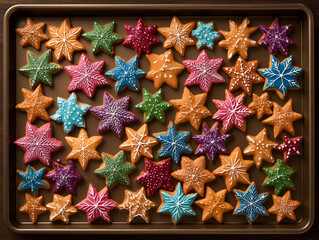 Colorful Iced Christmas Star Cookies on Baking Tray