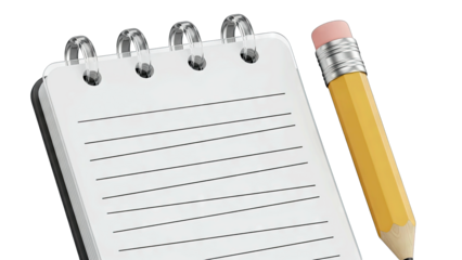 Spiral Bound Notebook with Dashed Lines and Yellow Pencil on Transparent Background