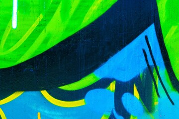 Graffiti art in neon blue, green, black, yellow. Urban 80s, Y2K aesthetic, vibrant hues, dynamic...