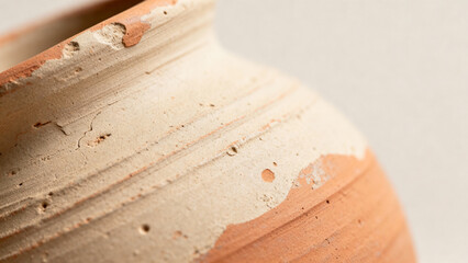 Close up of a rustic terracotta pot with visible texture and imperfections showcasing natural earthen tones and organic form