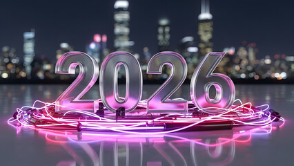Futuristic New Year 2026 celebration concept with glowing neon lights against a modern city skyline at night