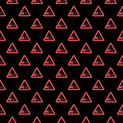 Warning road sign throwing stone seamless pattern isolated on black background