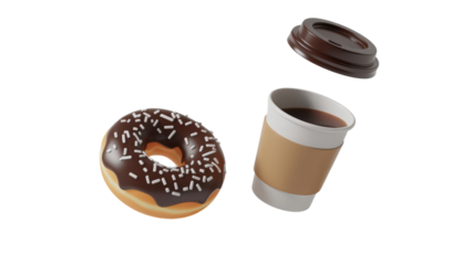 Coffee Cup with Donut Presentation With Chocolate Frosting and Sprinkles Isolated on Transparent Background in Fast Food and Breakfast Presentation Exactly 200 Characters