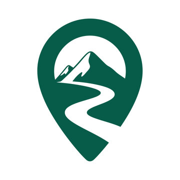 Green location pin icon with winding road and mountain scene flat illustration