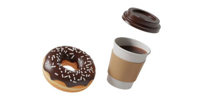 Coffee Cup with Donut Presentation With Chocolate Frosting and Sprinkles Isolated on Transparent Background in Fast Food and Breakfast Presentation Exactly 200 Characters - Powered by Adobe