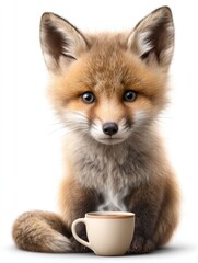 Obraz premium Adorable baby fox holding steaming cup of tea on white background for cute animal themed design