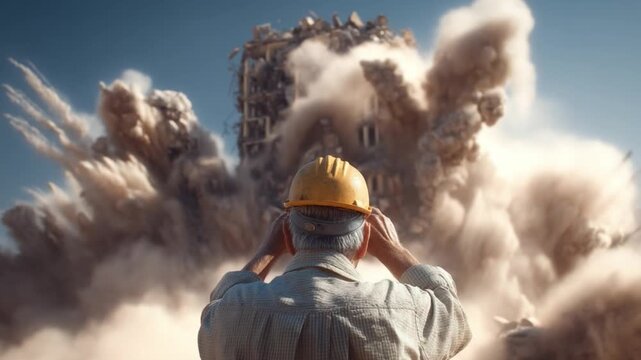 A wise elderly male foreman oversees a building implosion from a distance, holding binoculars as a dust cloud rises in the background.