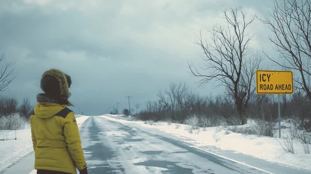 Standing woman in yellow parka spotting 'ICY ROAD AHEAD' sign, assessing icy road, copy space