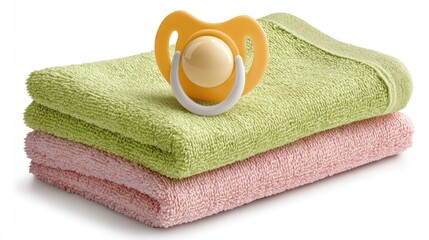 Baby care concept: pacifier on cotton towels isolated on white background for nursery design and baby product advertising