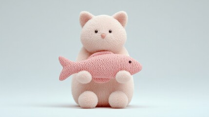 Adorable plush cat toy holding fish on white background for cute nursery decor and gift ideas