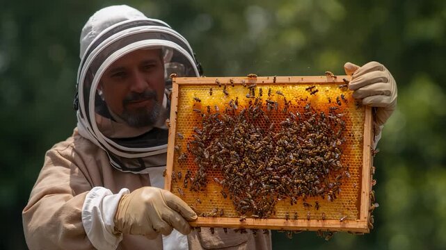 Lifting beekeeper wearing suit, veil and gloves turning and inspecting comb at apiary showing bees