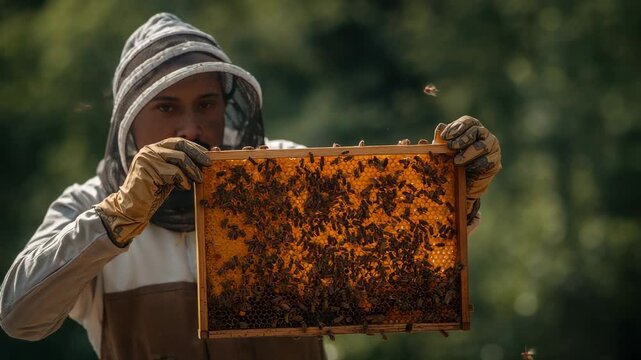 Pulling frame from hive, beekeeper wearing hat veil jacket gloves inspecting cells at apiary bees