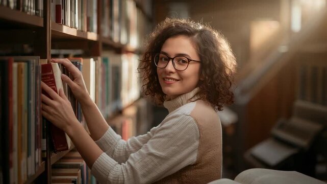 Glancing to open book woman wearing turtleneck reaching for red-spined book at library for research