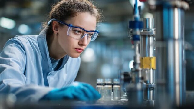 A young female plastics engineer examines the results of mold injection inside a polymer facility during an afternoon shift, showcasing the intricacies of manufacturing processes and technology in the
