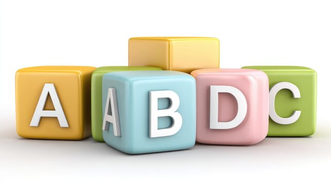 Colorful toy cubes spelling abcd isolated on white background for educational and learning purpose