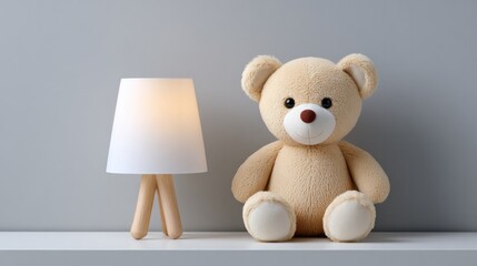 Cozy childhood ambiance with teddy bear and night lamp on white background