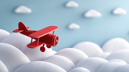 Toy airplane adventures over paper clouds isolated on white background for creative travel design