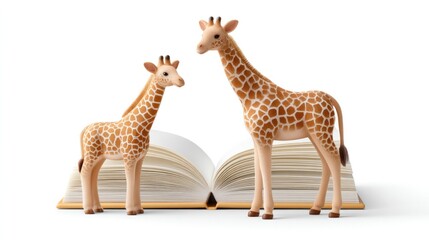 Toy giraffe with children's book on white background for nursery decor and education themes