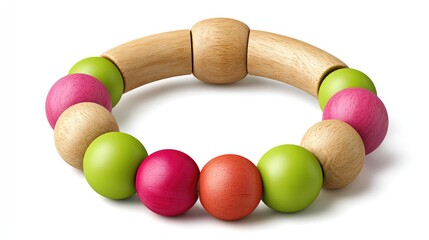 Wooden teether ring with colorful beads for baby toy activities and natural teething relief on white background