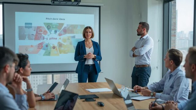 Stepping forward woman presenter in navy blazer, addressing conference room and showing pitch deck