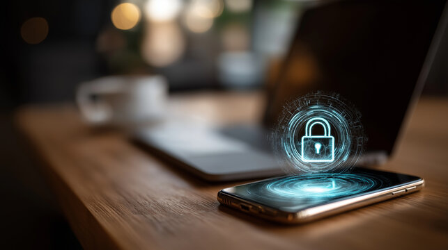 Secure authentication process on smartphone and laptop devices glowing padlock hologram online privacy protection multi factor verification system data encryption technology - Powered by Adobe