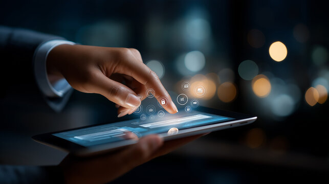 Professional hand interacting with virtual document scanner interface on tablet device holographic security icons floating above keyboard digital data protection symbols modern