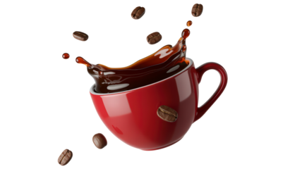 Dynamic Coffee Splash in Red Mug Surrounded by Floating Coffee Beans on Transparent Backdrop Perfect Image for Showcasing Aroma Richness and Energy of Coffee