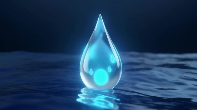 Abstract luminous water drop reflecting glowing spheres on dark ocean surface