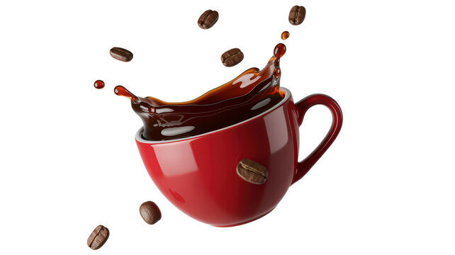 Dynamic Coffee Splash in Red Mug Surrounded by Floating Coffee Beans on Transparent Backdrop Perfect Image for Showcasing Aroma Richness and Energy of Coffee - Powered by Adobe