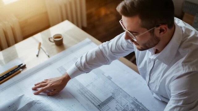 Flattening rolled plan, man in white shirt and glasses smoothing drawing at desk, for measuring