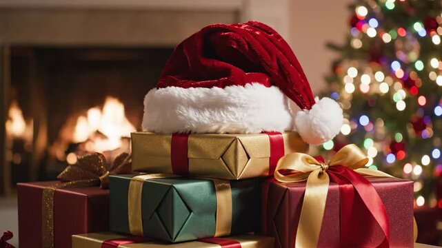 A festive Santa hat rests on a stack of wrapped Christmas gifts by a cozy fireplace and decorated tree.