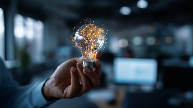 Hand holding illuminated light bulb with neural network visualization and data streams artificial intelligence innovation concept big data analytics creative technology solution