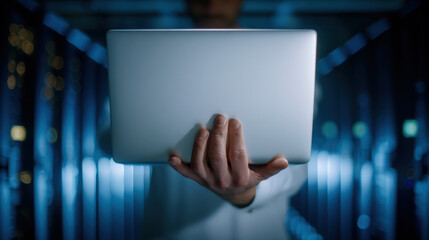 Silver laptop held by hand in data center aisle expressing focused professional work