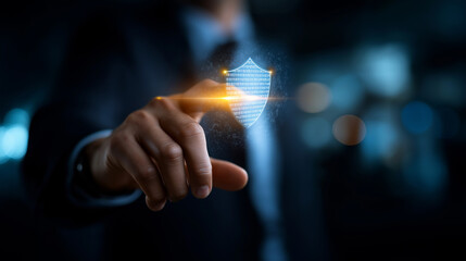 AI powered threat detection interface with warning indicators and shield icon digital security system data breach prevention cyber risk management platform automated security