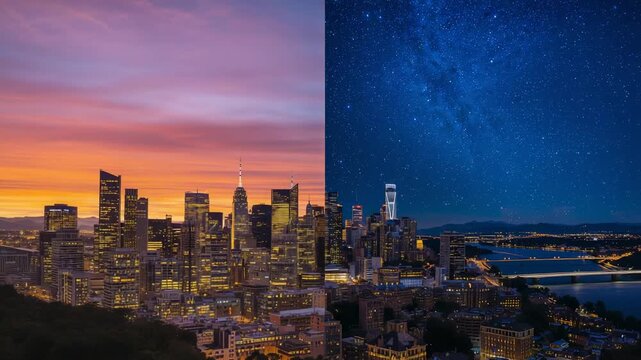 Showing five-frame downtown skyline at elevated viewpoint, comparing bridge, sunset, Milky Way