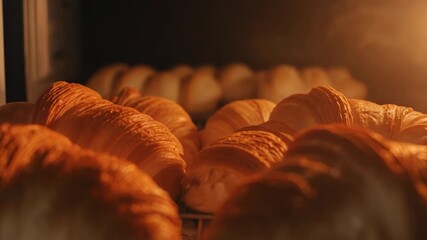 Rising croissants expanding and browning on metal rack under oven heat, with steam and amber light - Powered by Adobe