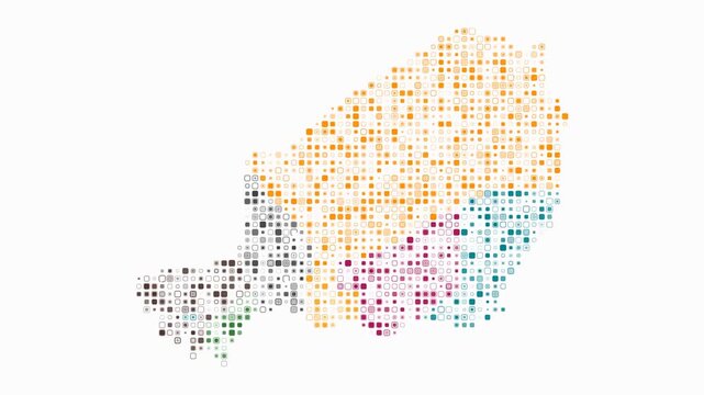 Niger animated country shape. Pulsating colored dots on the map of the country. Small size rounded square blocks. Digital style Niger map on white background. Stylish animation video.