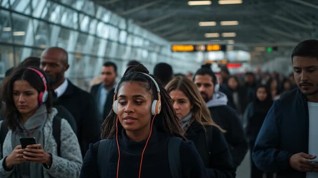 Morning commute, walking woman wearing over-ear headphones dark coat with smartphone through bridge