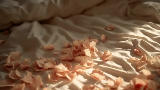 Dropping peach petals settling onto rumpled cream satin bedspread, sunlight sculpting fabric folds