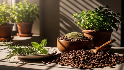 A still life composition featuring roasted coffee beans fresh herbs like rosemary and mint and potted plants bathed in warm sunlight filtering through blinds