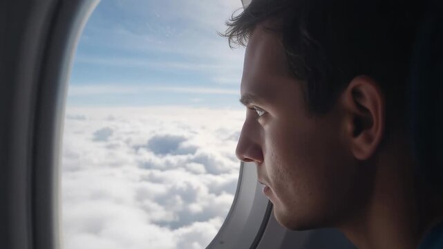 Leaning man watching cloud layer via oval window after plane leveling at cruise, copy space