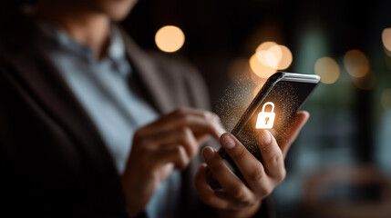 Business hand holding smartphone with security padlock hologram password protection visualization encrypted communication system mobile data security online privacy technology