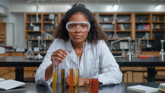 Reaching for one of four test tubes, student wearing lab coat, goggles, studying liquids in lab