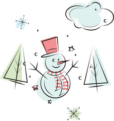 Snowman doodle in happy line art, Winter scenery, hand drawn vector illustration isolated on white background, easy to edit. © Nightmustfall