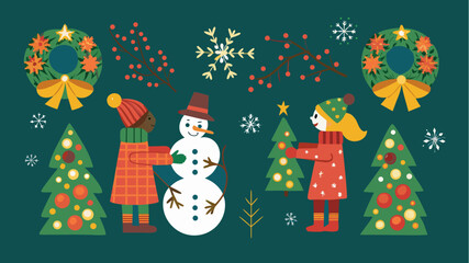 Illustration of children building a snowman and decorating trees for the christmas holiday season
