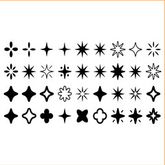 Collection of varied star shapes and sparkle designs on a clean white background VECTOR