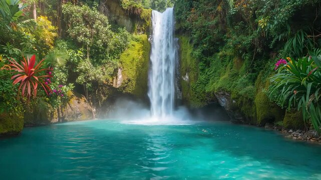 Pouring, gravity pulling water from mossy cliff at tropical gorge, waterfall feeding turquoise pool